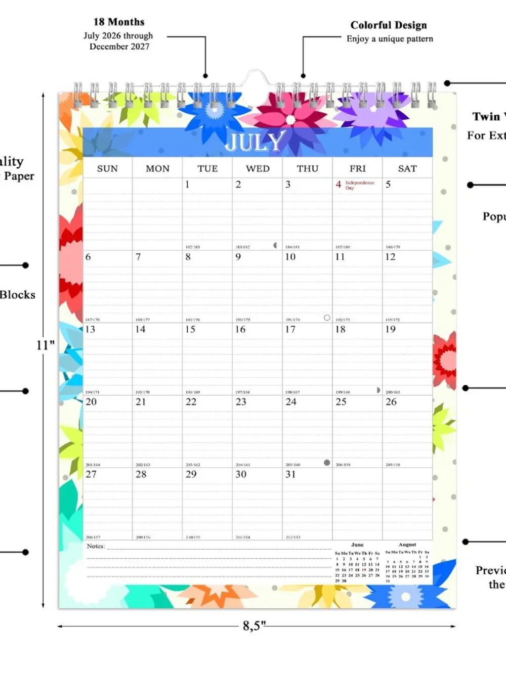 2026-2027 Wall Calendar Spiral-bound Twin-Wire Binding - 18 Months 8.5